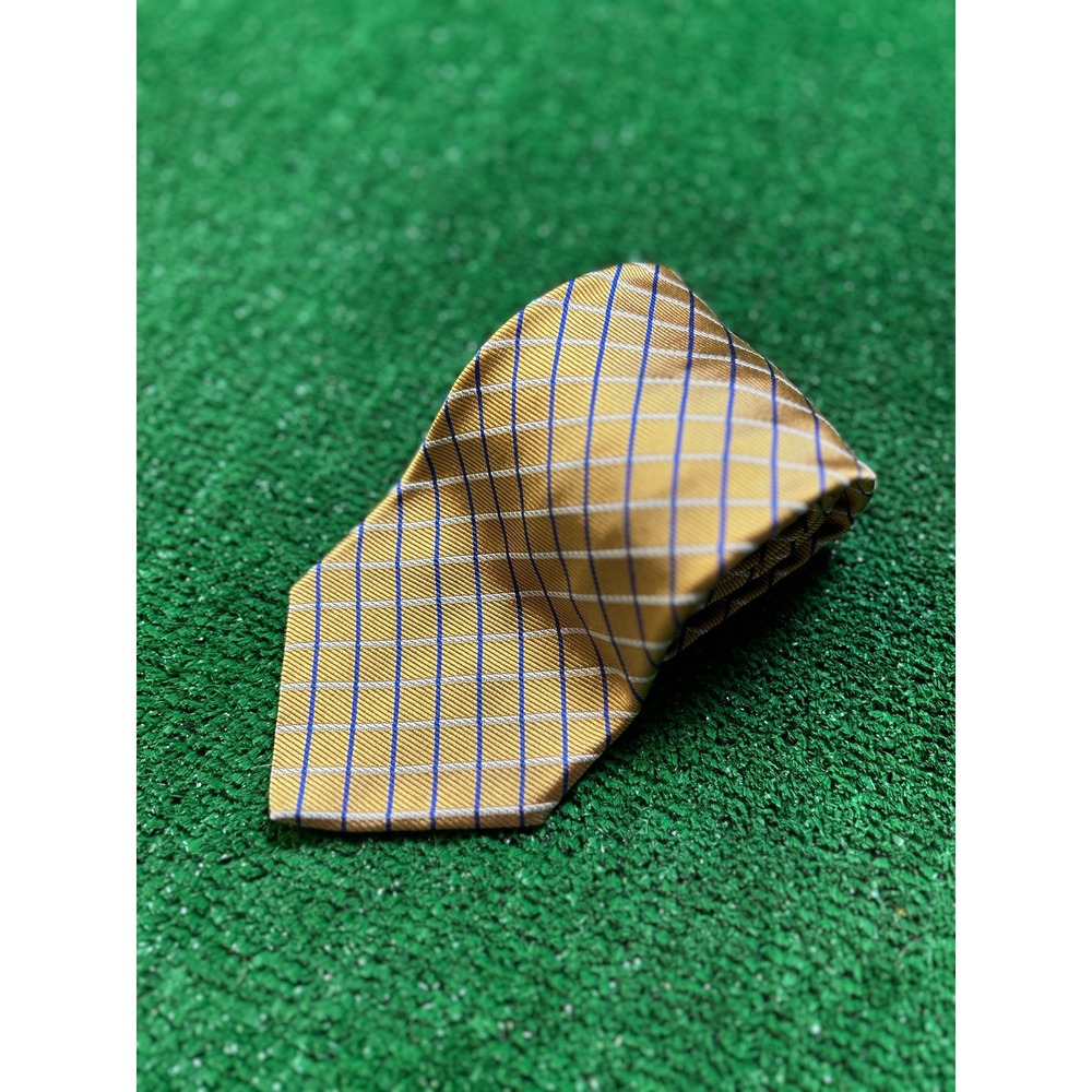 Brooks Brothers Makers Silk Tie Gold Navy Geometric Lattice Grid Made In USA - Picture 2 of 8